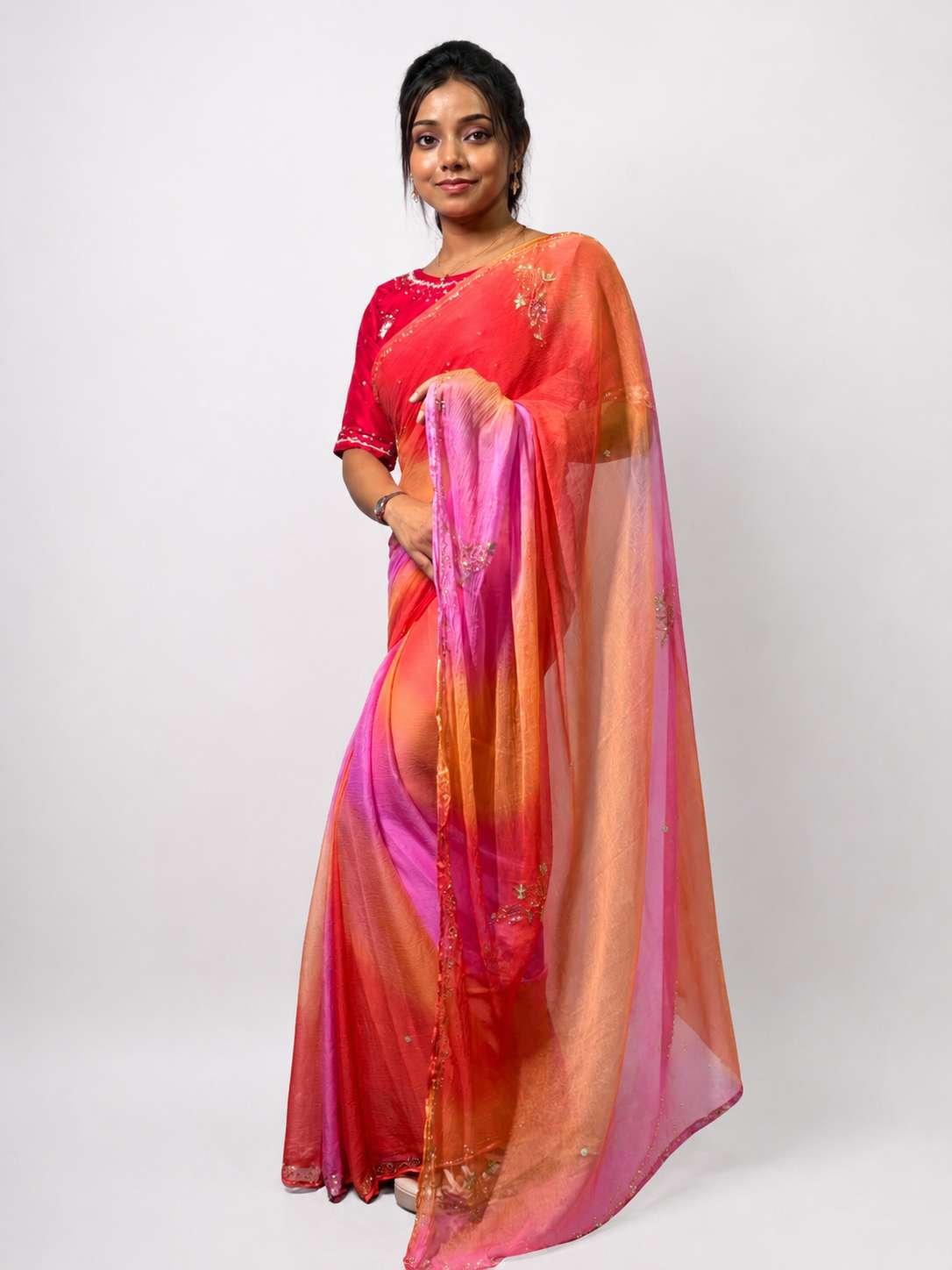 Rainbow Bloom Chiffon Saree